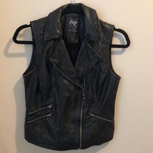Leather/pleather zip up vest with pockets, zippers